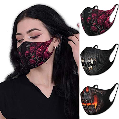 Preisvergleich Produktbild Reni Wiederverwendbarer, waschbarer Mundschutz für Erwachsene aus Polyester, Mund- und Nasenschutz mit 3D-Gothic-Muster und Nebel für Halloween, Party, Bar (3pcs C)