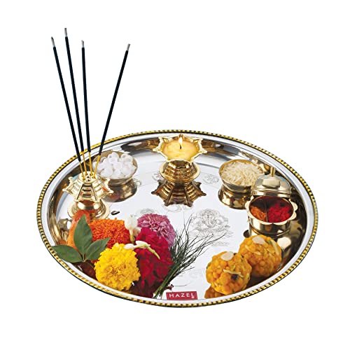 Image of HAZEL Stainless Steel Puja Pooja Aarti Thali Set | 28 cm with 1 Pc Diva | Agarbatti Incense Holder, Kumkum Wati and 2 Pcs Wati