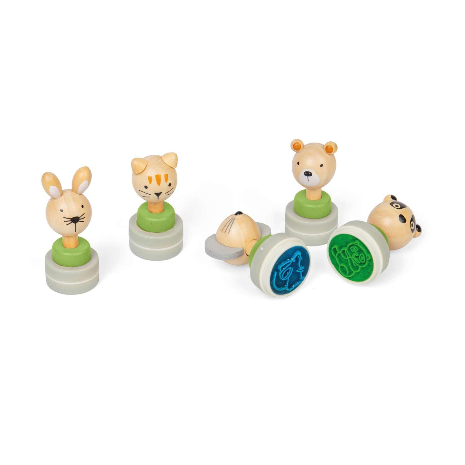Bigjigs Toys Wooden Ink Stampers, 5 Piece Animal Stamp Set
