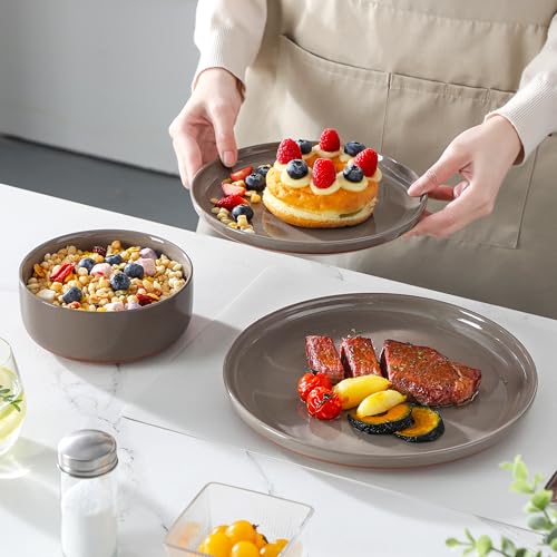 MALACASA Geschirrset 6 Personen, TARA 18-teiliges Modernes Steingut Geschirr Set - Schüssel- und Teller Set, Tafelservice Kombiservice mit je 6 Speiseteller, Dessertteller und Müslischalen - Braun