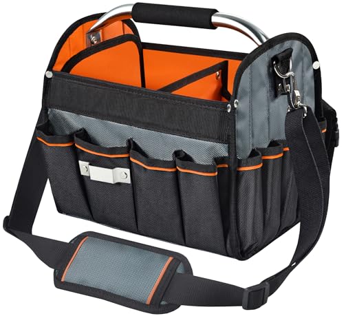 12 Inch Electrician Tool Tote Bag, 1680D Ballistic Polyester 34 Pockets Open Top Foldable Tool Bags