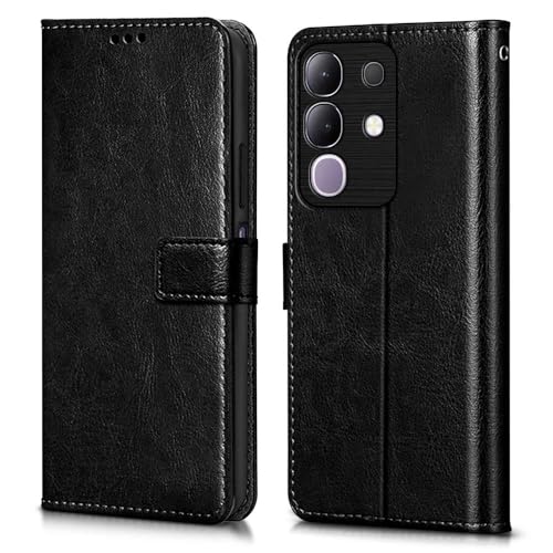 Image of WOW IMAGINE Shock Proof Flip Cover Back Case Cover for Vivo T4x 5G | iQoo Z10x 5G | Vivo Y31 Pro 5G (Flexible | Leather Finish | Card Pockets Wallet & Stand | Black)