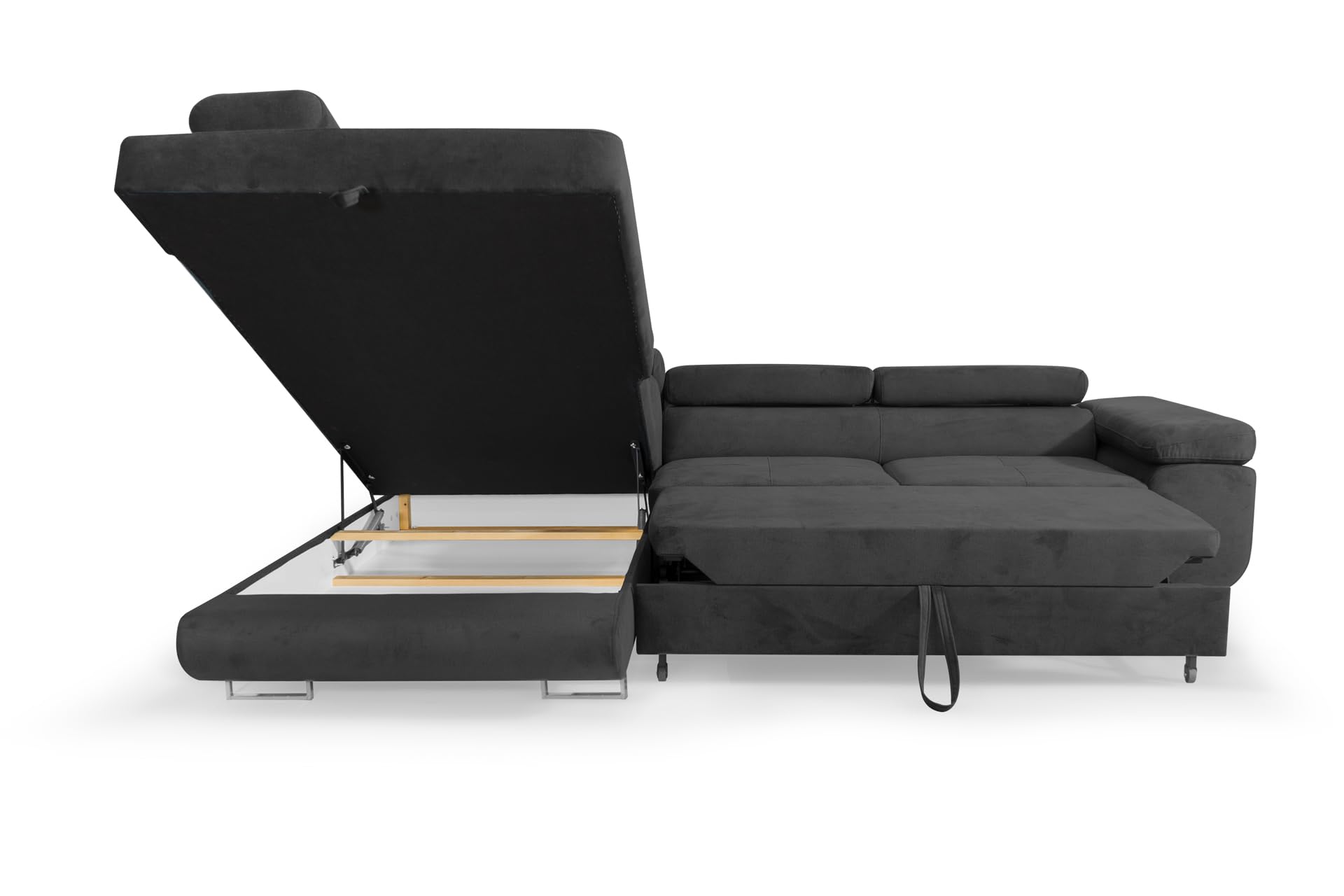 Ecksofa Aller L-Form mit Schlaffunktion und Bettkasten in Jasmine, Links Ottomane (Dunkelgrau)