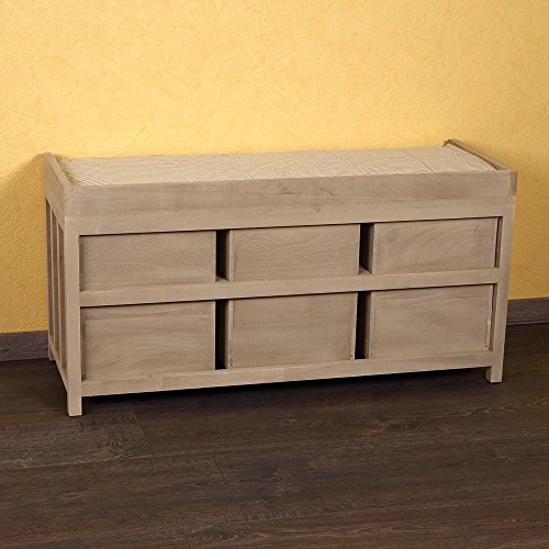 Melko Sitzbank-Kommode mit Stauraum 3 Weidekörben in beige aus Holz Sitzkommode mit Auflage Truhenbank 90 x 45 x 34 cm