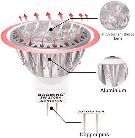 BAOMING MR11 GU4 LED Bulbs 35W Halogen Bulb Equivalent 12V DC/AC 3W 280lm 30° Beam Angle Warm White 2700K LED Light Bulbs Pack of 6 Units