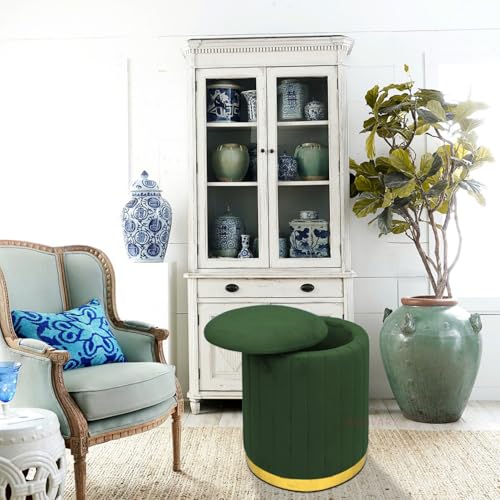 Image of Round Velvet Luxurious Storage Ottoman, Pouf with Storage Vanity Stool Chair,Upholstered Foot Rest Stool with Gold Strip Base for Living Room or Bedroom (Green., Large-40Dx40Wx46H)