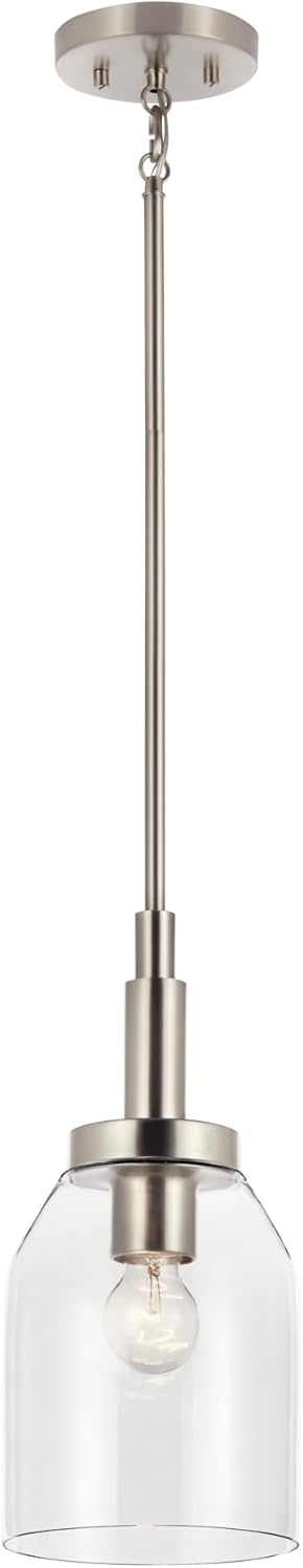 Kichler Madden 1-Light Mini Pendant with Clear Glass in Brushed Nickel, Sloped Ceiling Compatible, for Bathroom or Kitchen (15" x 7"), 52725NI