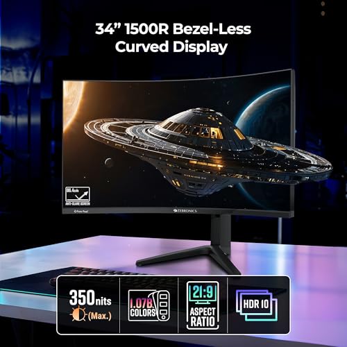 ZEBRONICS New Launch N34A 34"(86.4 cm) 1500R Curved Ultrawide Gaming Monitor, WQHD 3440x1440, 350Nits, 180Hz, 1ms MPRT, HDR10, 99% sRGB | 92% DCI-P3, Adaptive Sync, 2 x DP | 2 x HDMI | 1 x 3.5mm - Image 7