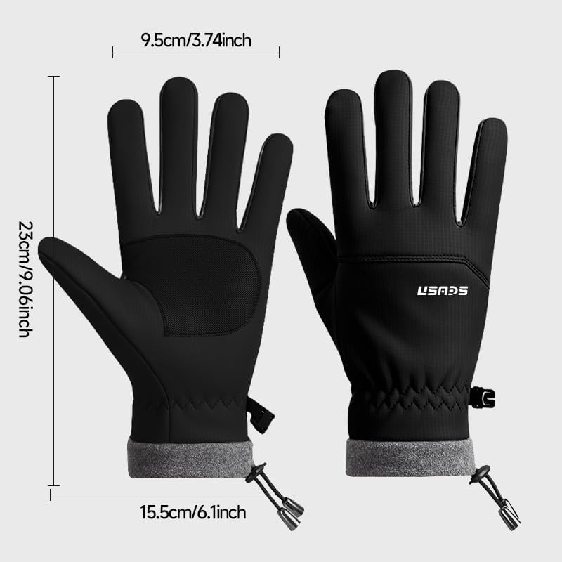 Winter Thermal Cycling Gloves, Windproof Faux Leather with Adjustable Drawstring & Touchscreen Fingers, Non-Slip Grip for Cold Weather Biking, Black and Grey - Image 3