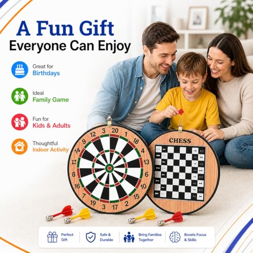 Image of 2-in-1 Magnetic Dart Board with Darts | One Side Dart Game, Other Side Chess | Double-Sided Indoor Game Board for Kids & Adults | Safe Magnetic Darts for Home & Gifting