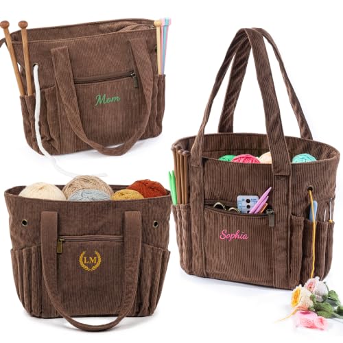 Image of MYBAGZIGN Personalized Crochet Bag, Custom Corduroy Yarn Storage Tote with Pockets for Crochet Hooks, Knitting Supplies & Yarn, Project Bag Gift for Crocheters & Knitters