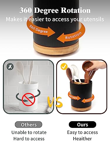 Image of LoeJan 3 Compartment Utensil Holder, Extra Large Utensil Crock, Stable Ceramic Utensil Organizer, Cooking Tool Organizer Set for Kitchen Counter Farmhouse Decor (B-Black(Vertical Stripe))