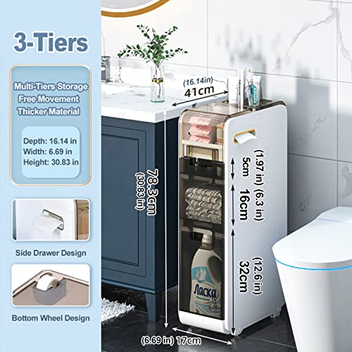 3-Tiers Bathroom Organizers and Storage Floor Cabinet 6.69″ Narrow Slim Towel Side Corner Unit with Clear Drawers and Casters for Tiny Kitchen Laundry Living Room Gap