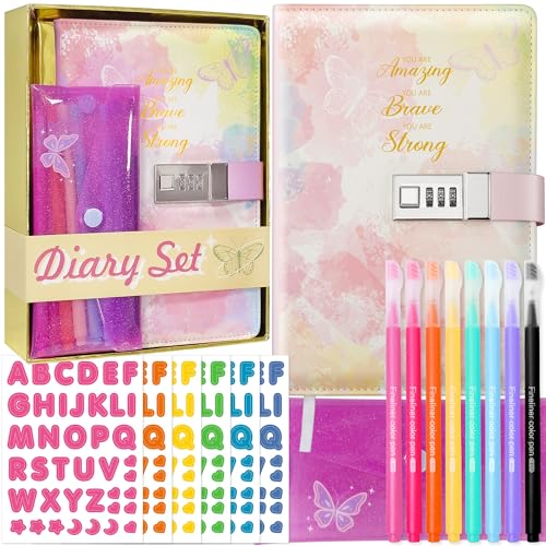 Diary with Lock for Girls - 30Pcs Girls Diary Set, Kids Journal with Lock, Leather Journal Notebook, Pencil Pouch, 8 Color Pens, 20 Stickers, Ideal Christmas Gifts for 8 9 10 11 12 13 14 Year Old