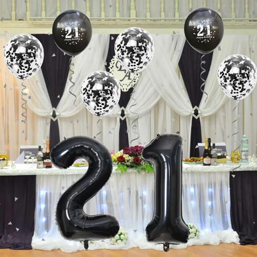 Image of 21st Birthday Balloons Black, Decorations for Him With Large Number 21 Foil Balloon, Confetti Metallic Black Latex Balloons for Her Girls Boys 21 Years Old Bday Decor