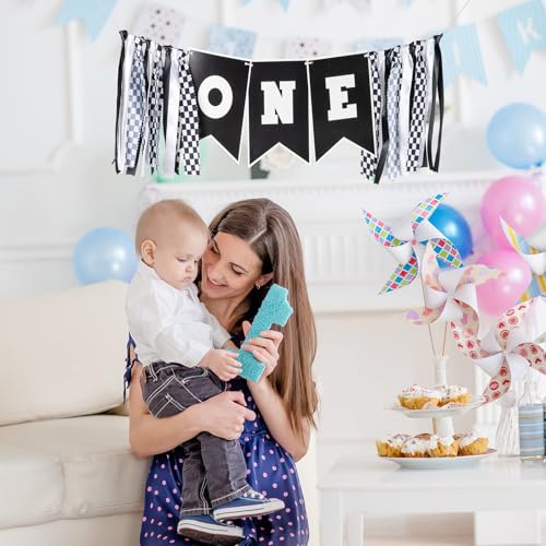 Image of Race Car First Birthday Highchair Banner, Pre - strung Black & White Checkered inchONE inch Garland for Boys' Fast One Party, Cake Smash Photos & Racing Theme Decor