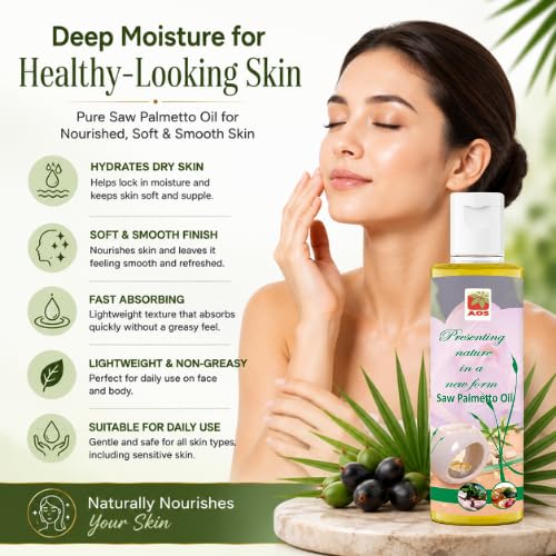 Image of AOS Products Saw Palmetto Oil 200ml | 100% Pure & Natural | Undiluted Carrier Oil | Cold Pressed | Multipurpose Oil for Hair, Skin & Massage | Premium Quality