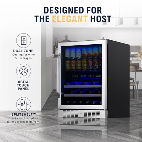 Image of NewAir 24 inch Dual Zone Beverage Refrigerator & Wine Cooler for 20 Bottles & 70 Cans | Freestanding or Built-In Under Counter Mini Fridge for Beer, Wine and Soda | Stainless Steel