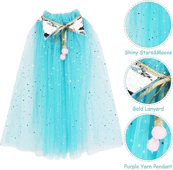 Image of Princess Cape for Girls - Colorful Sequin Cloak with Crown and Wand for Birthday, Halloween, Fancy Dress & Carnival