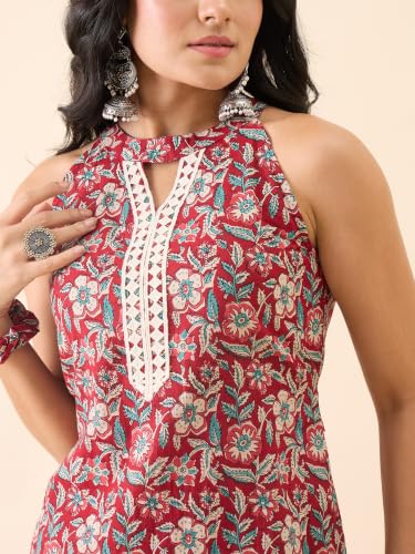 Image of Women's Floral Printed Kurti and Palazzo Set | Sleeveless Ethnic Co-Ord Set