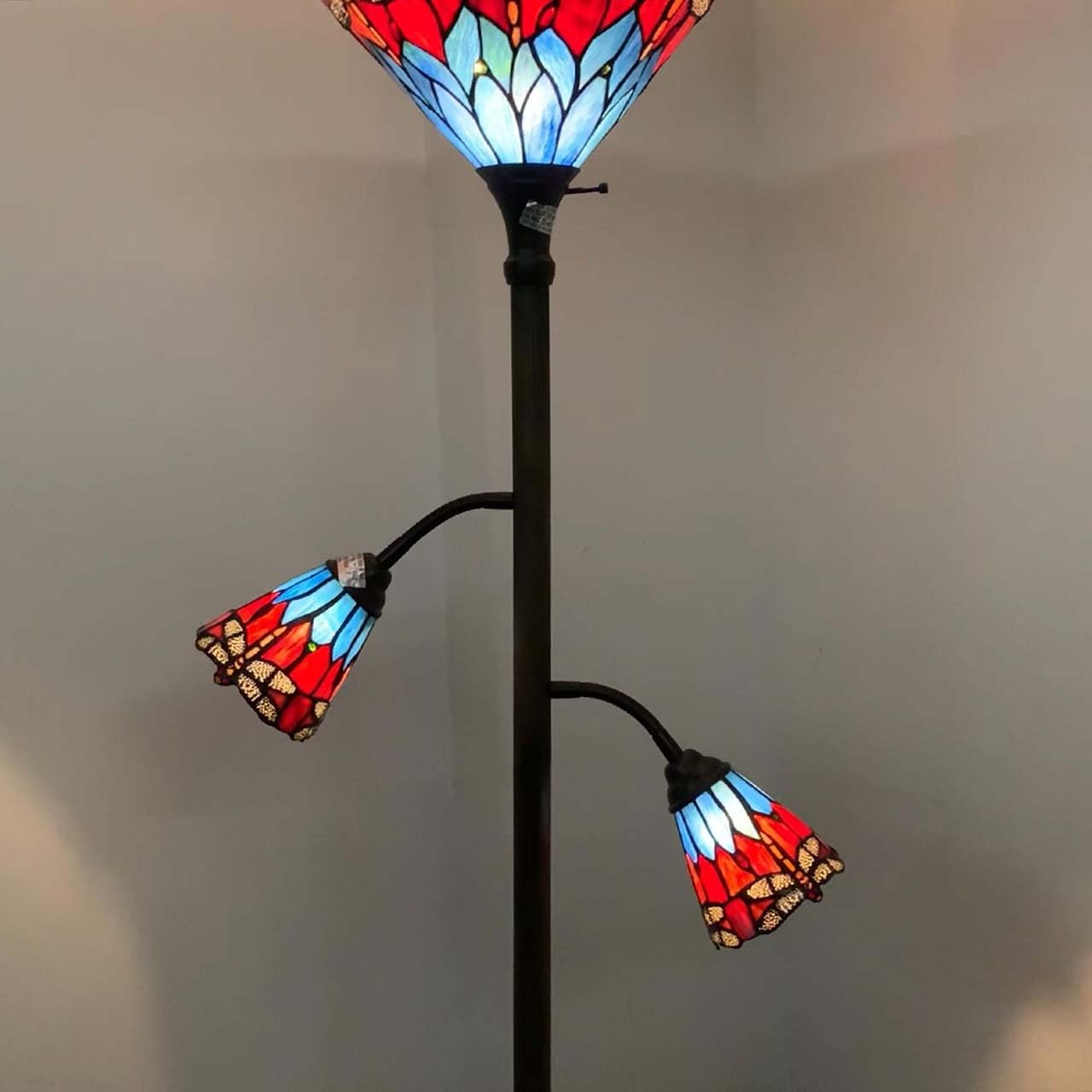 Bieye L10837 Dragonfly Tiffany Style Stained Glass Torchiere Floor Lamp with Sidelights for Reading, 70-inches Tall (Dragonfly, Red Blue)
