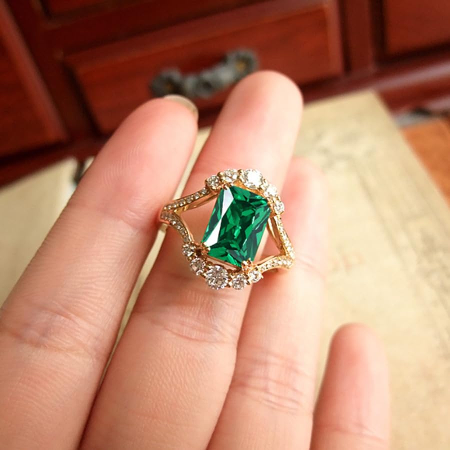 Vintage Green Crystal Engagement Ring for Women, Gold-Tone Alloy Setting with Diamond Accents, Retro Style Statement Jewelry2