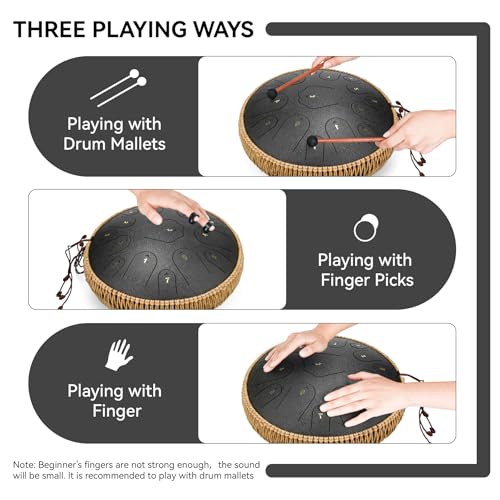 Image of Steel Tongue Drum-14 Inch 15 Notes Tongue Drums, Steel Drum Instrument for Adults, Handpan Drums with Music Book, Handpan Drum Mallet, and Carry Bag, C Major (Black)
