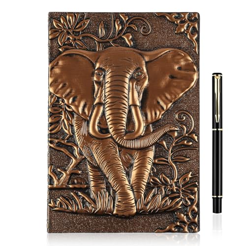 OFFCUP Cuaderno de Piel en Relieve 3D A5, 200 Páginas Libreta Vintage Cuaderno de Viaje Bloc Notas con Bolígrafo, Diario de Viaje Cuaderno de Escritura para Hombres y Mujeres (Elefante)