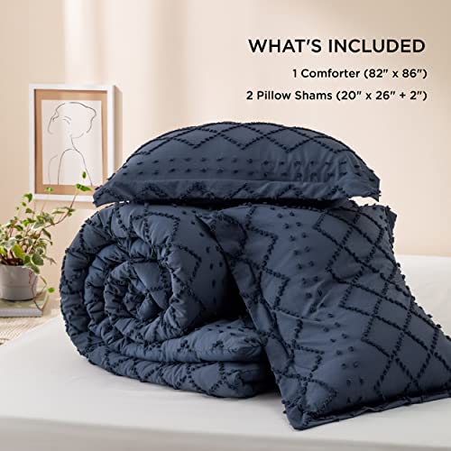 Image of Bedsure Full Comforter Set - Navy Blue Comforter, Boho Tufted Distressed Vintage Bedding for Kids, 3 Pieces Farmhouse-Style Bed Set for All Seasons, Fluffy Soft Bedding with 2 Pillow Shams