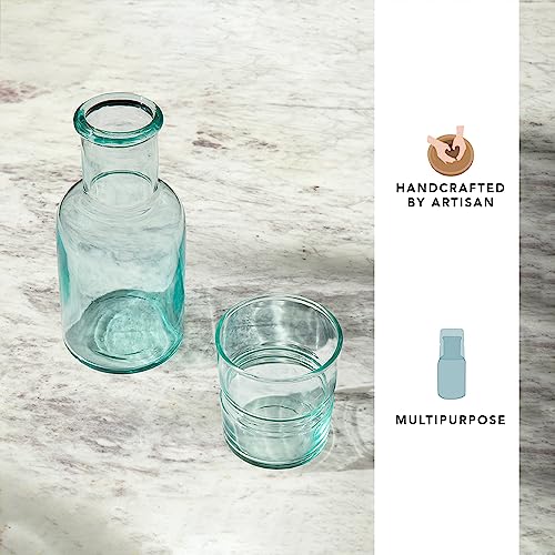 Image of Ellementry JOVE Blue Carafe with Tumbler|Bedside Water Carafe Set | Tumbler Glass for Bedroom Nightstand | Night Water Jug with Cup Glass |Clear Glass Juice /Water Pitcher with Cup for Kitchen