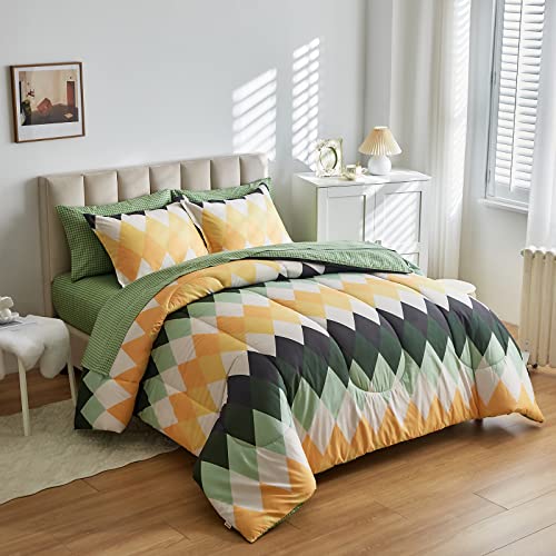 Uozzi Bedding Rhombus Comforter Sheet Set 7 Pieces Bed In A Bag White Green Yellow Diamond Queen Size (1 Comforter 2 Pillow Shams 1 Flat Sheet 1 Fitted Sheet 2 Pillowcases) #TOP1
