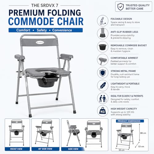 Image of Premium Folding Powder Coated Metal Steel Shower Bathing Room Mobile Commode Chair Indian Toilet Seat For Elderly Disabled Man and Pregant Women Support Safe Chair Anti-Slip (Grey)