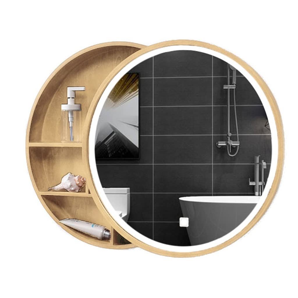 Mirror Cabinets Wood Bathroom Round Solid Wall-Mounted Mirror Mirror With Led Light Strip Wall-Mounted Storage Cabinet 70Cm(27.6Inches),