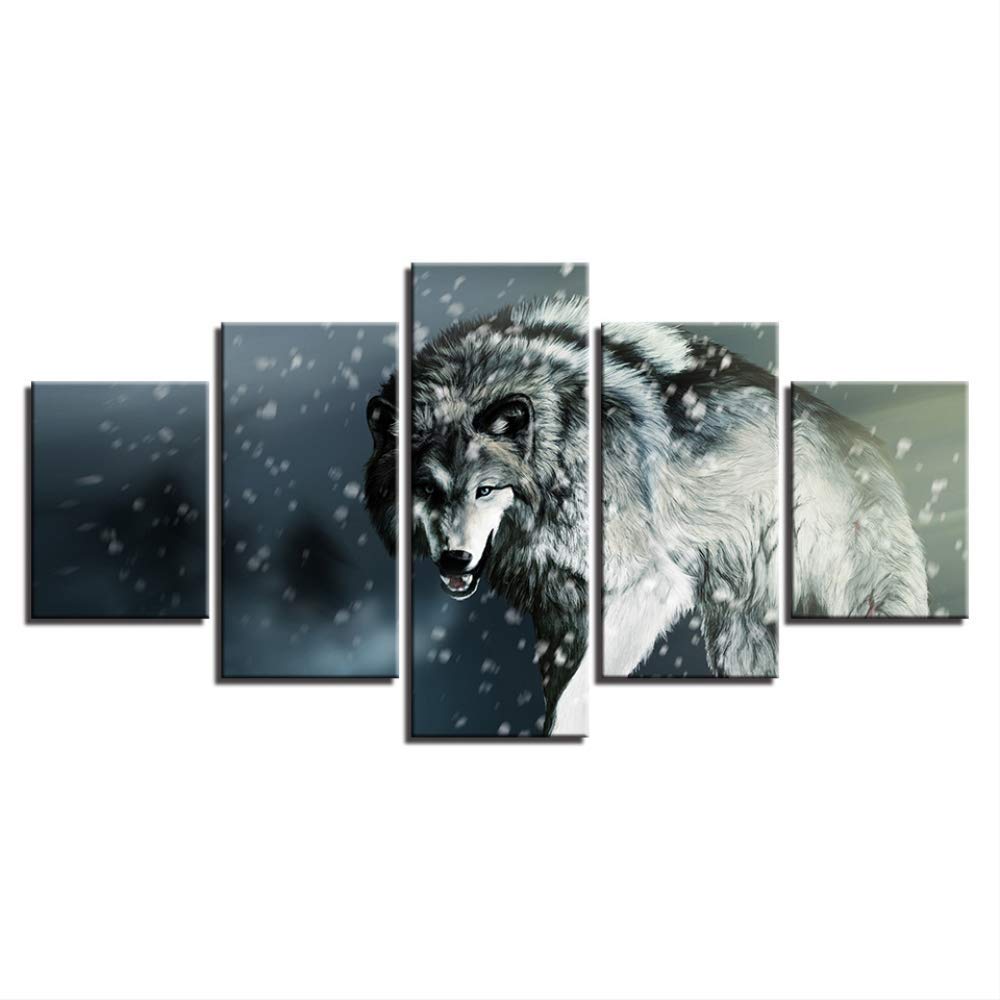 Toile mur art photo loup 5 panneaux décoration maison salon moderne