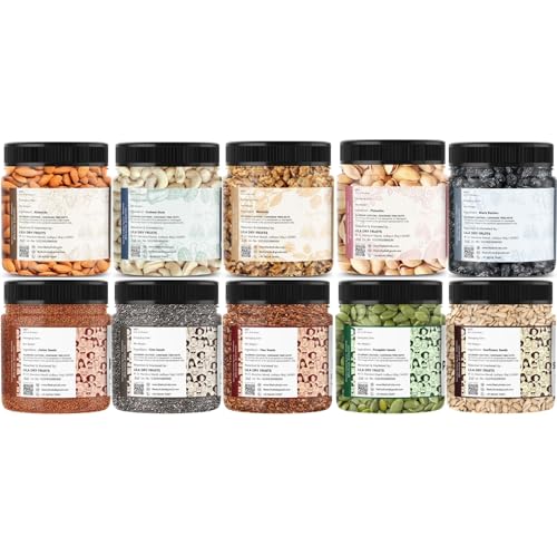 Image of LILA DRY FRUITS Protein & Energy Combo Pack 10 in 1 (100g x 10) Almonds Cashews Walnuts Pistachio Black Raisins with Pumpkin Sunflower Flax Chia Halim Seeds Mix for Healthy Snacking & Daily Nutrition