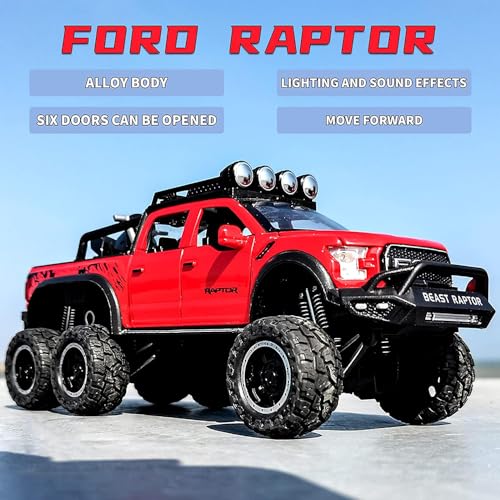Image of Exclusive 1:24 Raptor F150 Alloy Metal Diecast Car for Kids Pull Back Die Cast Metal Pullback Toy car with Openable Doors Light Music Boys Gifts Toys