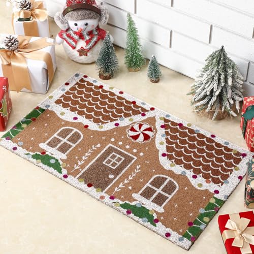Tinideya Christmas Gingerbread House Doormat 23.6 x 13.7 Inch Cute Brown Christmas Welcome Artificial Coir Door Mat Gingerbread Non Slip Entrance Rugs for Indoor Outdoor Bathroom Kitchen Decor