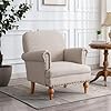 Linen accent chair mid century modern living room armchair with nailhead trim wood legs comfy upholstered single sofa chair for loungebedroomreception khaki stripe  urban country home decor