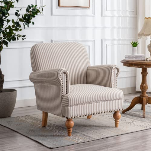 Linen-Accent-Chair-Mid-Century-Modern-Living-Room-Armchair-with-Nailhead-Trim-Wood-Legs-Comfy-Upholstered-Single-Sofa-Chair-for-LoungeBedroomReception-Khaki-Stripe Linen Accent Chair Mid Century Modern Living Room Armchair with Nailhead Trim Wood Legs Comfy Upholstered Single Sofa Chair for LoungeBedroomReception Khaki Stripe