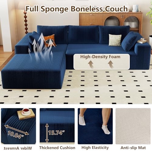 Image of 96 inch Modular Sectional Couch, Boneless L Shaped Cloud Sofa with Chaise Lounge, Corduroy Upholstered Couches Memory Foam Deep Seat, No Assembly Required, Ideal for Living Room(Blue, Left Facing)