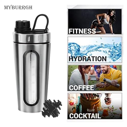 Image of Shaker Bottles for Protein Mixes 28 oz Stainless Steel Protein Shaker with Mixing Ball, Not Stays Cold /Hot, Visible Window Metal Shaker Cups, Leakproof, BPA Free Bottle Shaker 950 ml