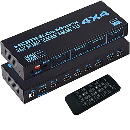 GKR Commutateur Matriciel HDMI 4 x 4, 4K 60 Hz, 4 Entrées 4 Sorties, Prend en Charge 4K HDR, HDMI 2.0b, HDCP 2.2, HDMI Switch avec Télécommande Infrarouge...