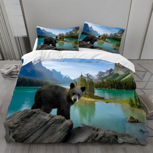 Funda nórdica cama 135 montaña funda de edredón 200x200 oso negro juego de funda nórdica de microfibra suave con cremallera y 2 fundas de almohada 50x75