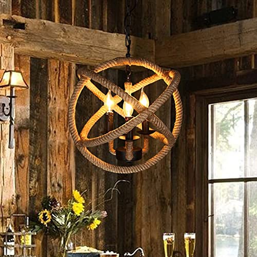 Lustre industriel ajustable en corde de chanvre et métal noir rétro