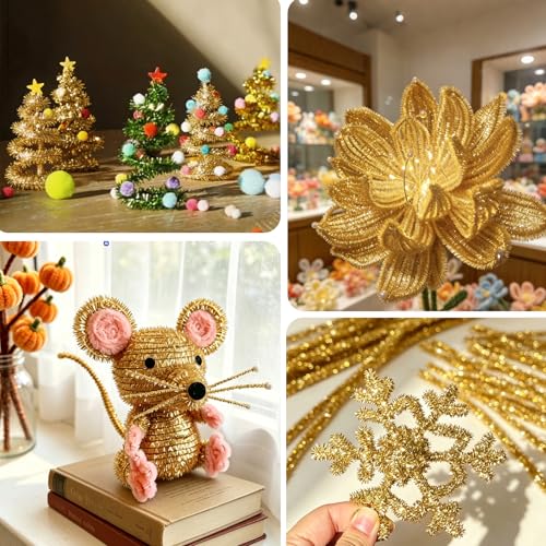 Image of Gold Pipe Cleaners,Glitter Gold Craft Pipe Cleaners,200pcs Supplies for Home DIY Handmade Arts,Arts and Crafts for Kids Ages 6-8,Glitter Pipe Cleaners for Festivals DIY Decorations,Christmas Decor
