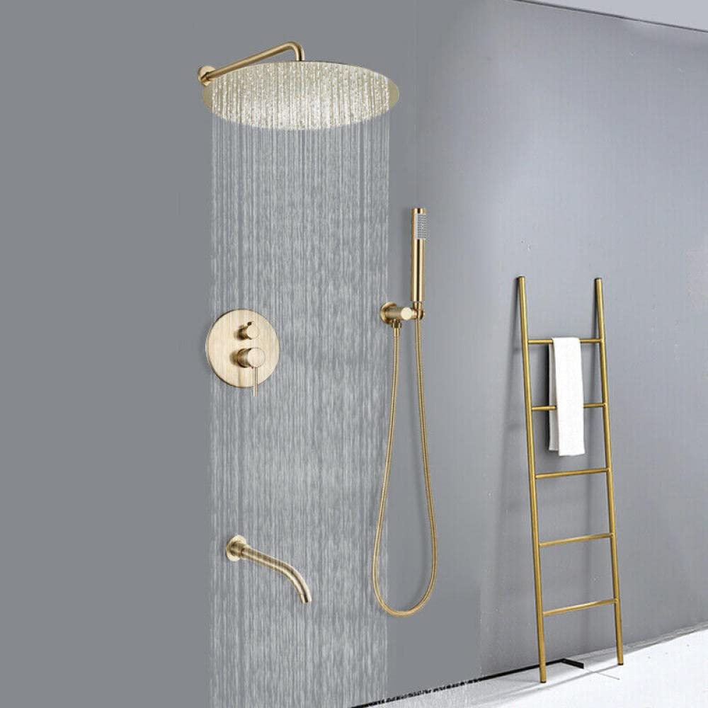 SBCGFY Brushed Gold Rainfall Shower Faucet Wall Mounted Single Handle Shower Mixer Tap With Ld Sprayer Tub Spout Head-8 Inch,Size_Name-8 Inch