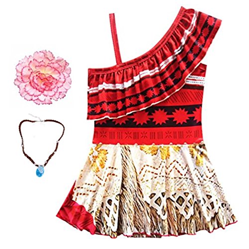Marosoniy Girls' Swimwear One-Piece Swimsuit Digital Print Moana Adventure Bikini with Necklace and Flower (110(5/6Y), Flounce Ruffled)