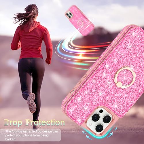 Casewind Case for iPhone 12 Pro Max Case Wallet,with [Credit Card Holder & 360°Ring Stand] [Screen Protector+Camera Lens Protector] Glitter PU Leather Protective Cover for 12 Pro Max Phone Case,Pink