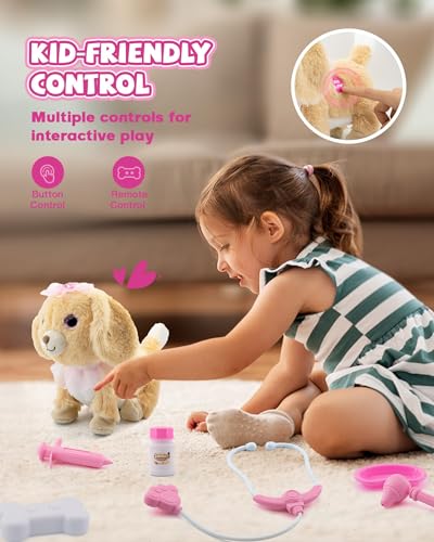 interactive toys electronic plush dog for girls pretend play doctor kit with dress up costume remote control puppy sing walk nod bark wag tail gifts for 2 3 4 years old kids toddlers