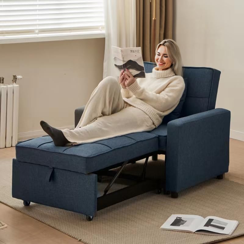 Sofa Bed Chair Convertible ，Sleeper Sofa with Pull-Out Bed ，3-in-1 Futon Couch with Reclining Backrest and Side Pocket (Blue, 35.6‘)